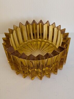 Vtg Amber Glass radial sunburst bowl ashtray star-shaped spiked edging Czech?